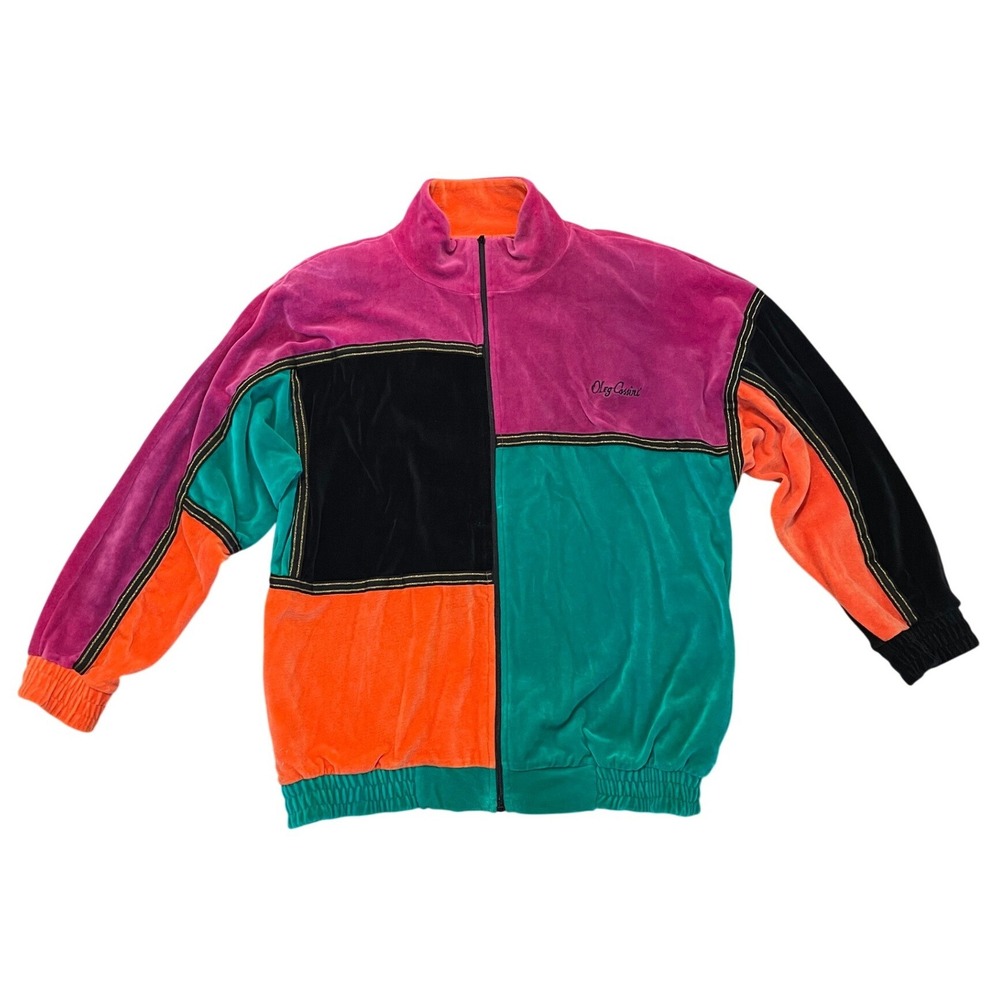 Vintage Velour Track Jacket Colorblock Oleg Cassini Team Effort Multicolor EUC